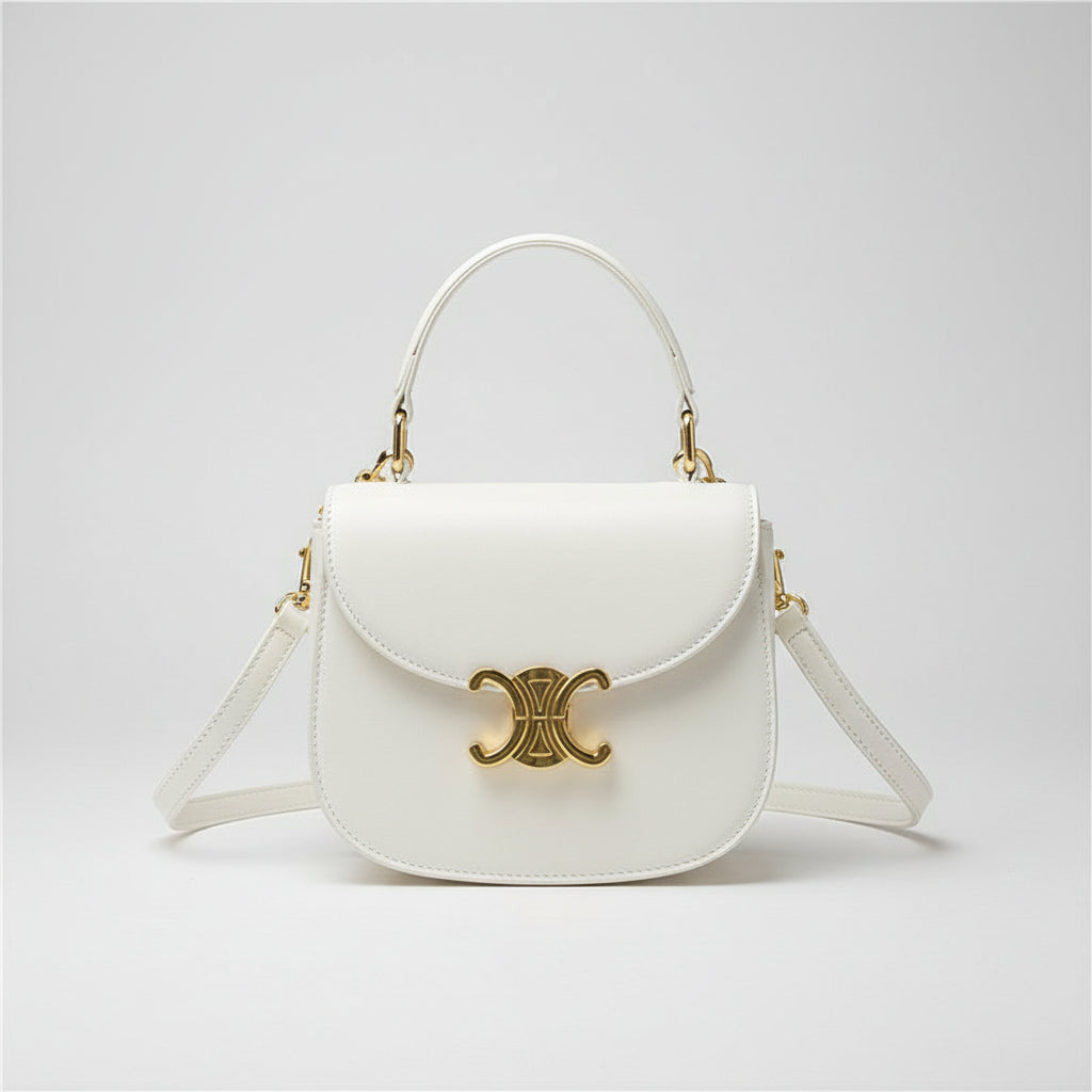 Mini crossbody bag in broken white with gold-tone clasp, front view