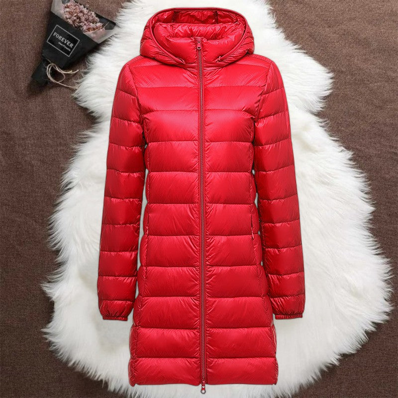 Helsa long padded jacket in red, flat product view with hood