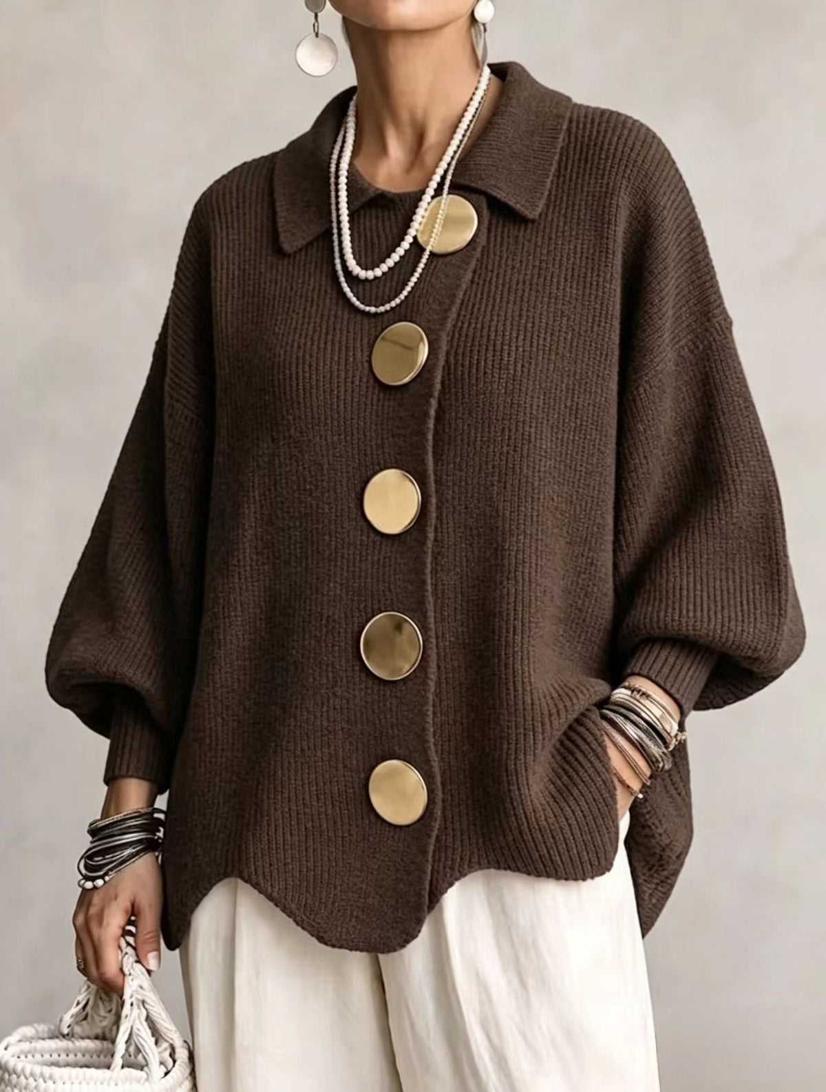 Victoire oversized collared cardigan in mocha, front view