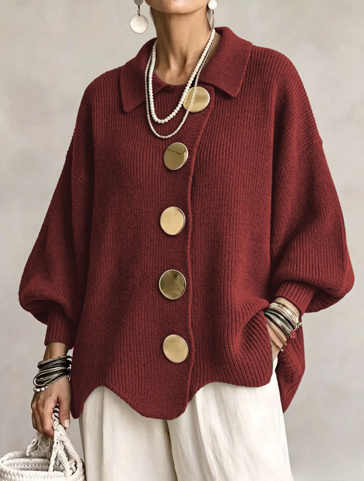 Victoire oversized collared cardigan in red, front view