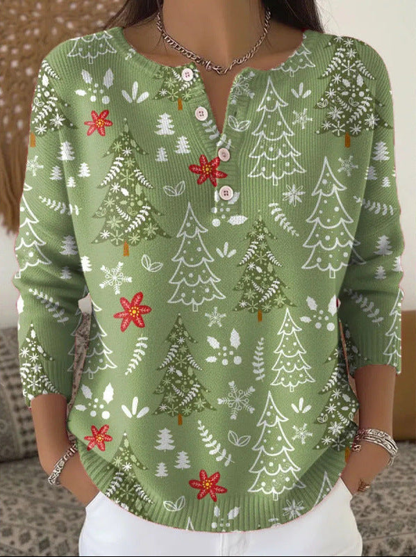 Madison festive sweater in cedar green with white tree print, front view