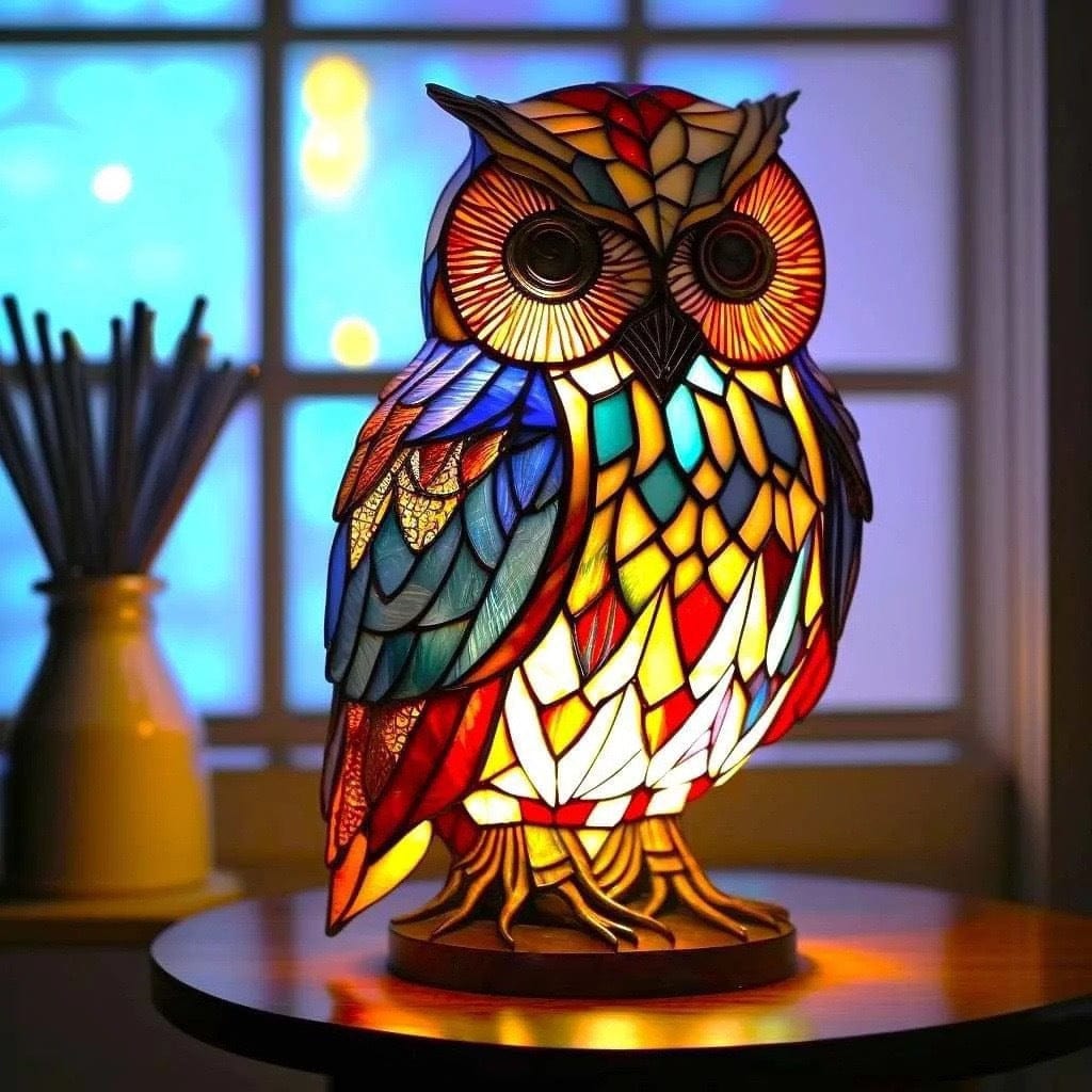 Athena owl lamp in multicoloured stained-glass style, lit on a table