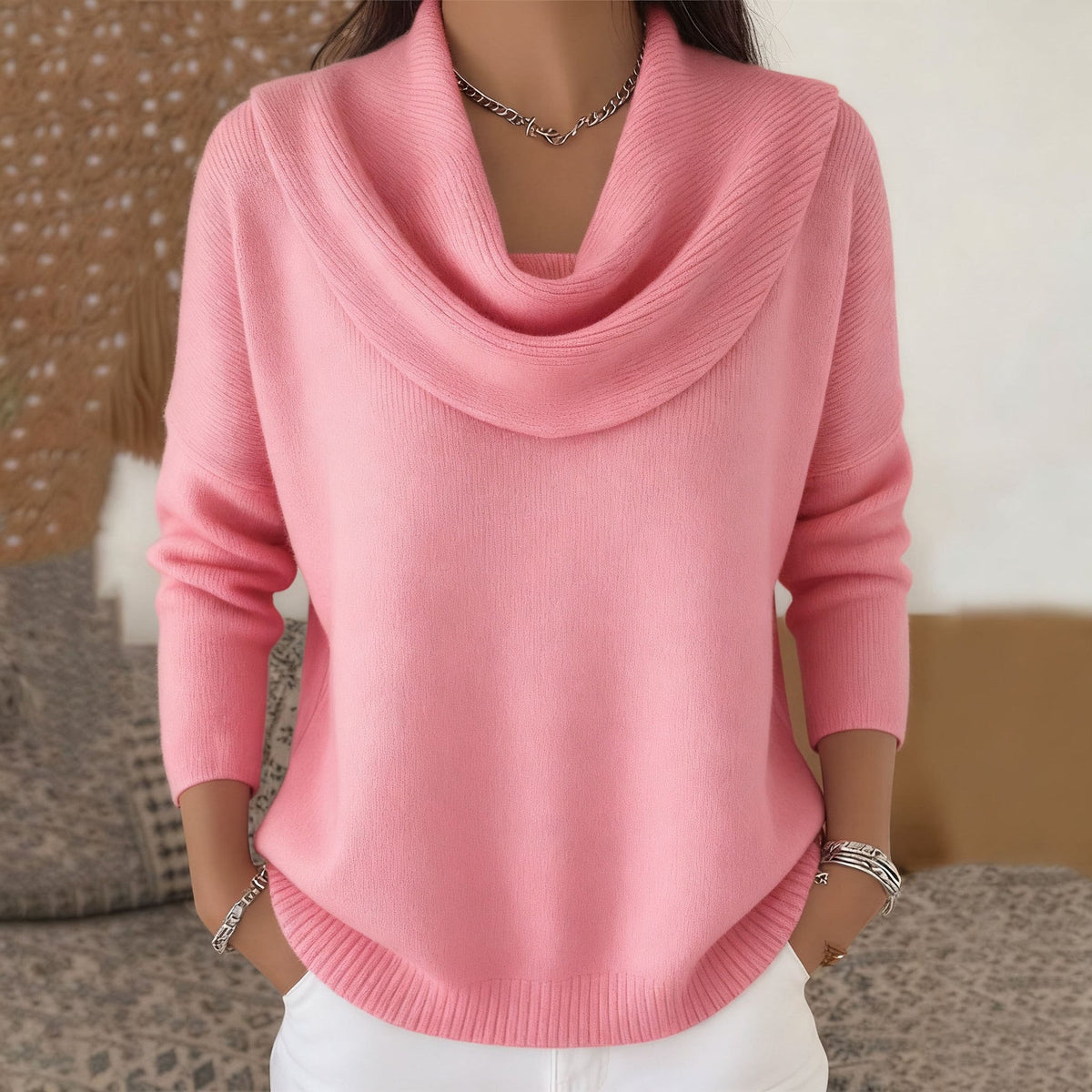 Julia draped-neck jumper in pink, front view