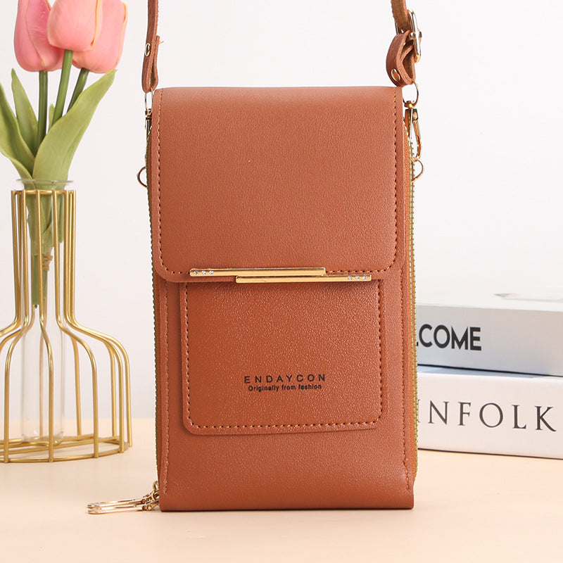 Eliza touch screen phone bag in brown, front view