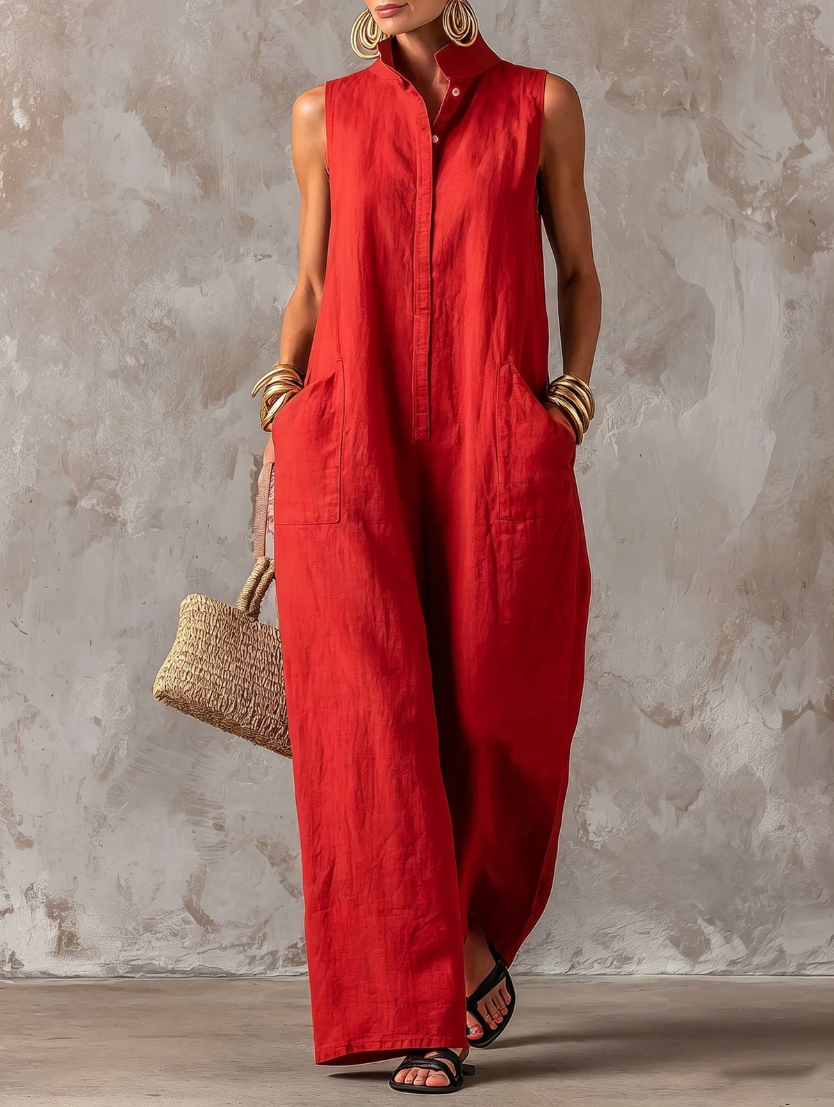 Jerline sleeveless wide-leg jumpsuit in red, front view
