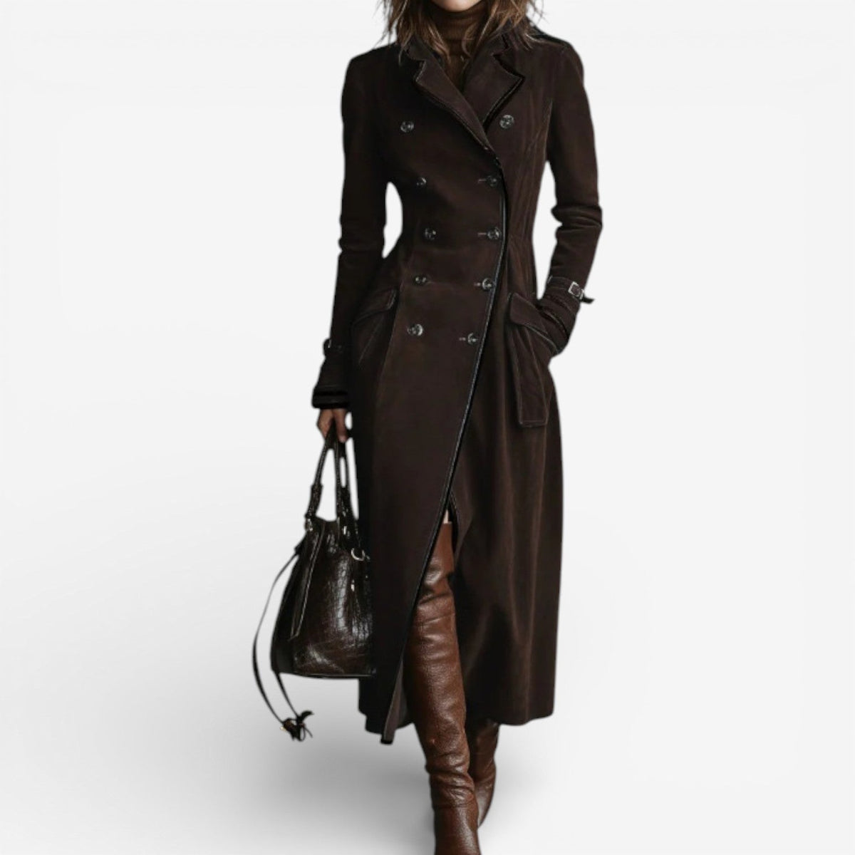 Nathaly long trench coat in dark brown, full-length front view