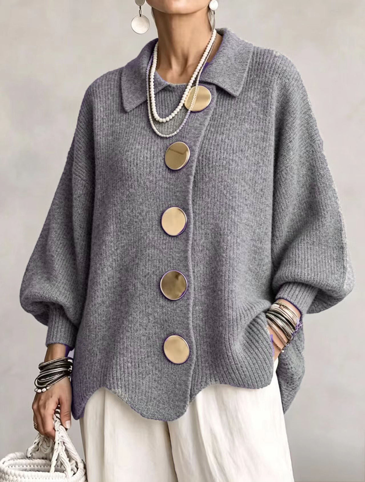 Victoire oversized collared cardigan in grey, front view
