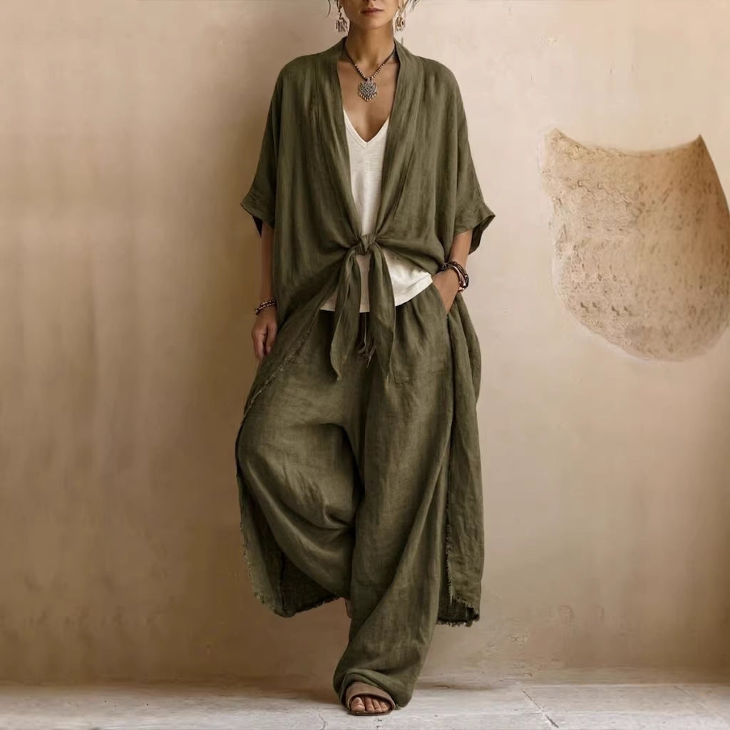Oversized kimono and wide-leg trouser set in olive green, full-length front view