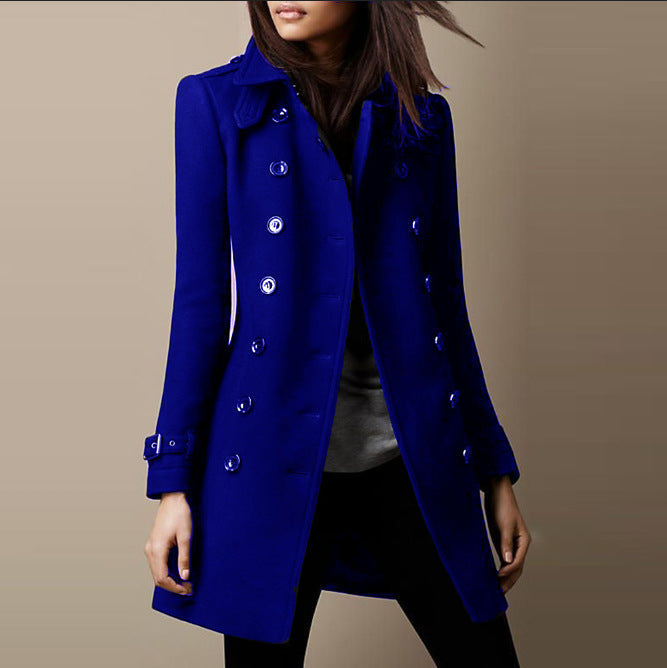 Maude structured double-breasted coat in blue, full-length front view