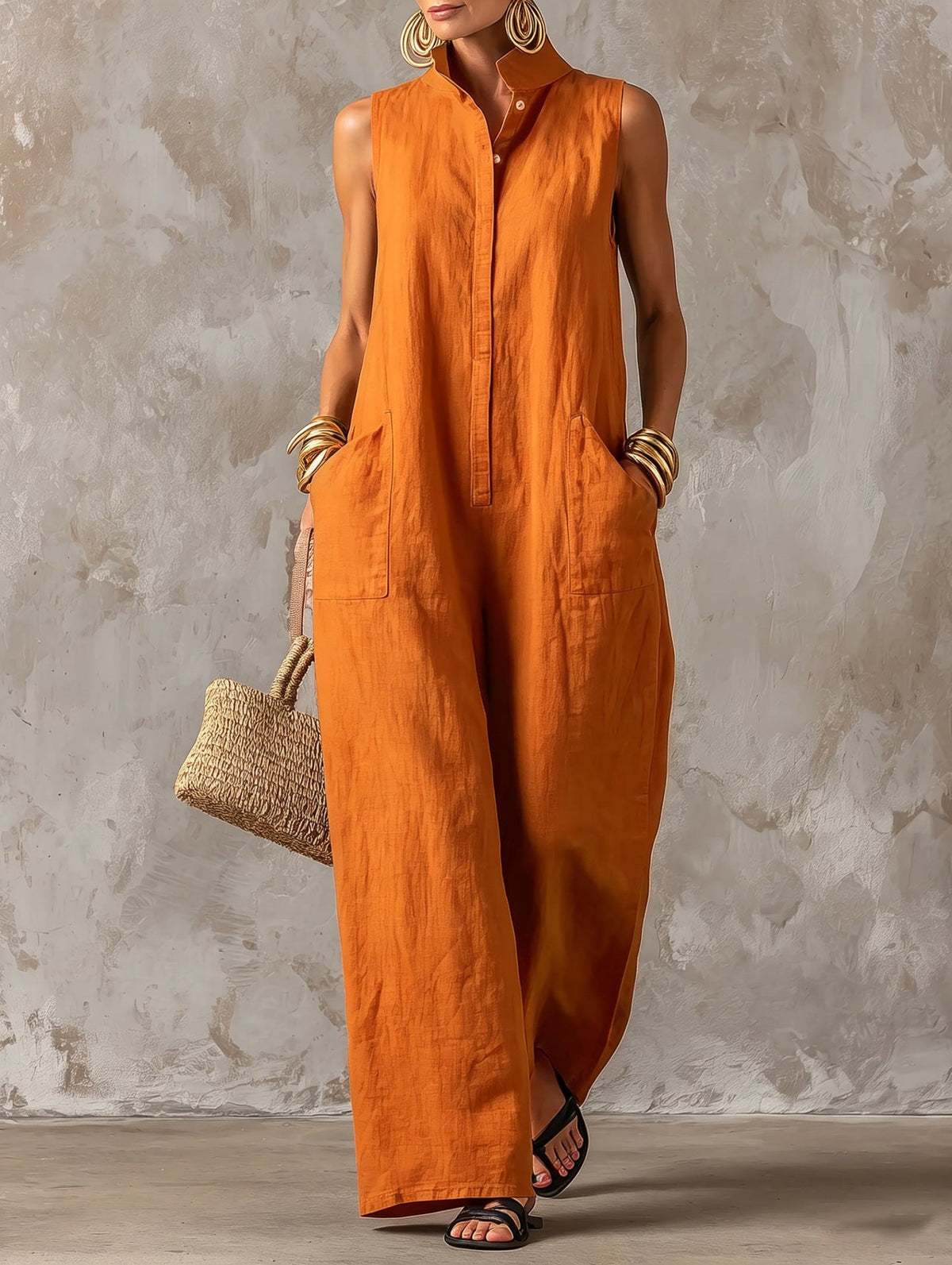 Jerline sleeveless wide-leg jumpsuit in orange, front view