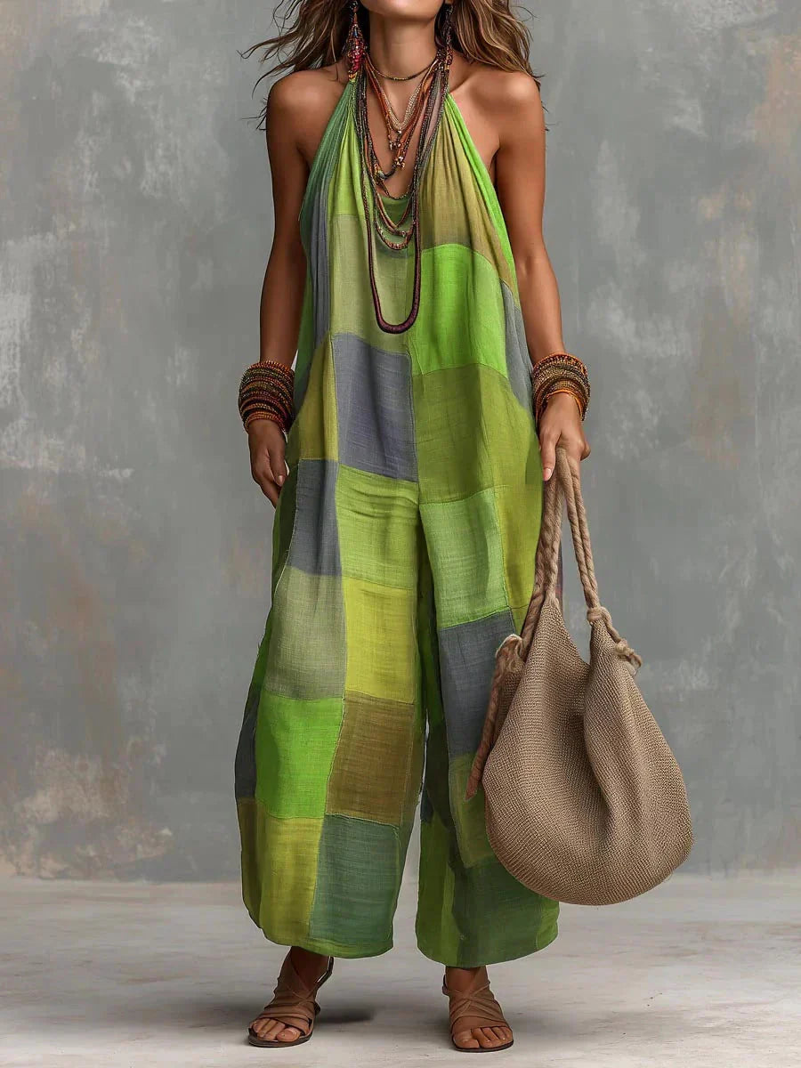 Oriana bohemian patchwork jumpsuit in green, full-length front view