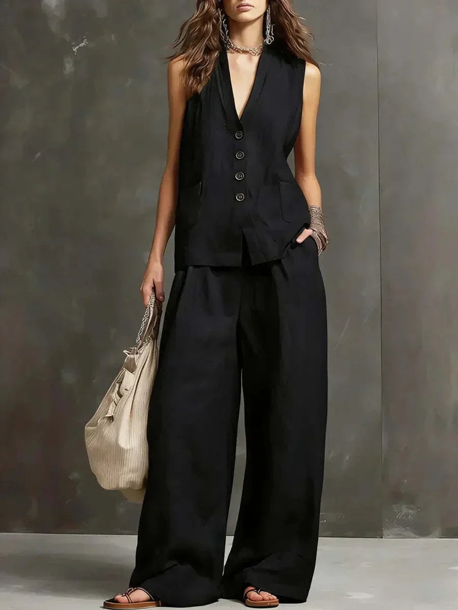 Irina two-piece vest and wide-leg trouser set in black, full-length front view