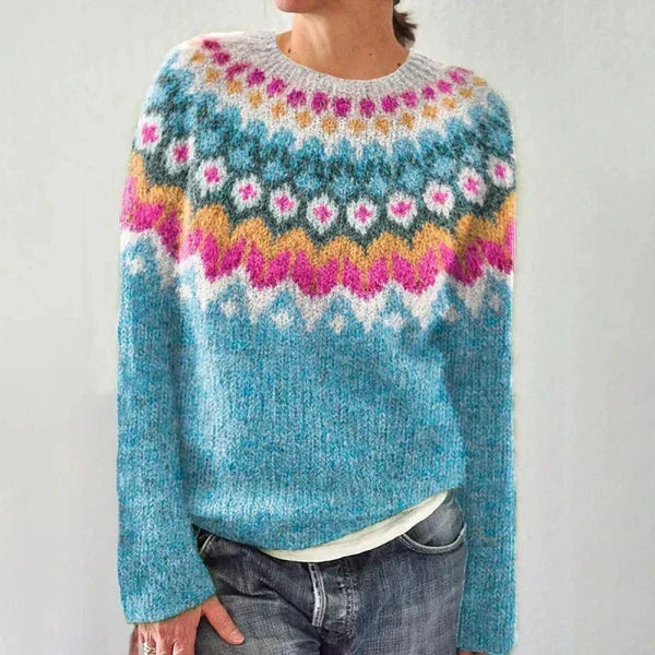 Florence Icelandic sweater in light blue with patterned yoke, front view