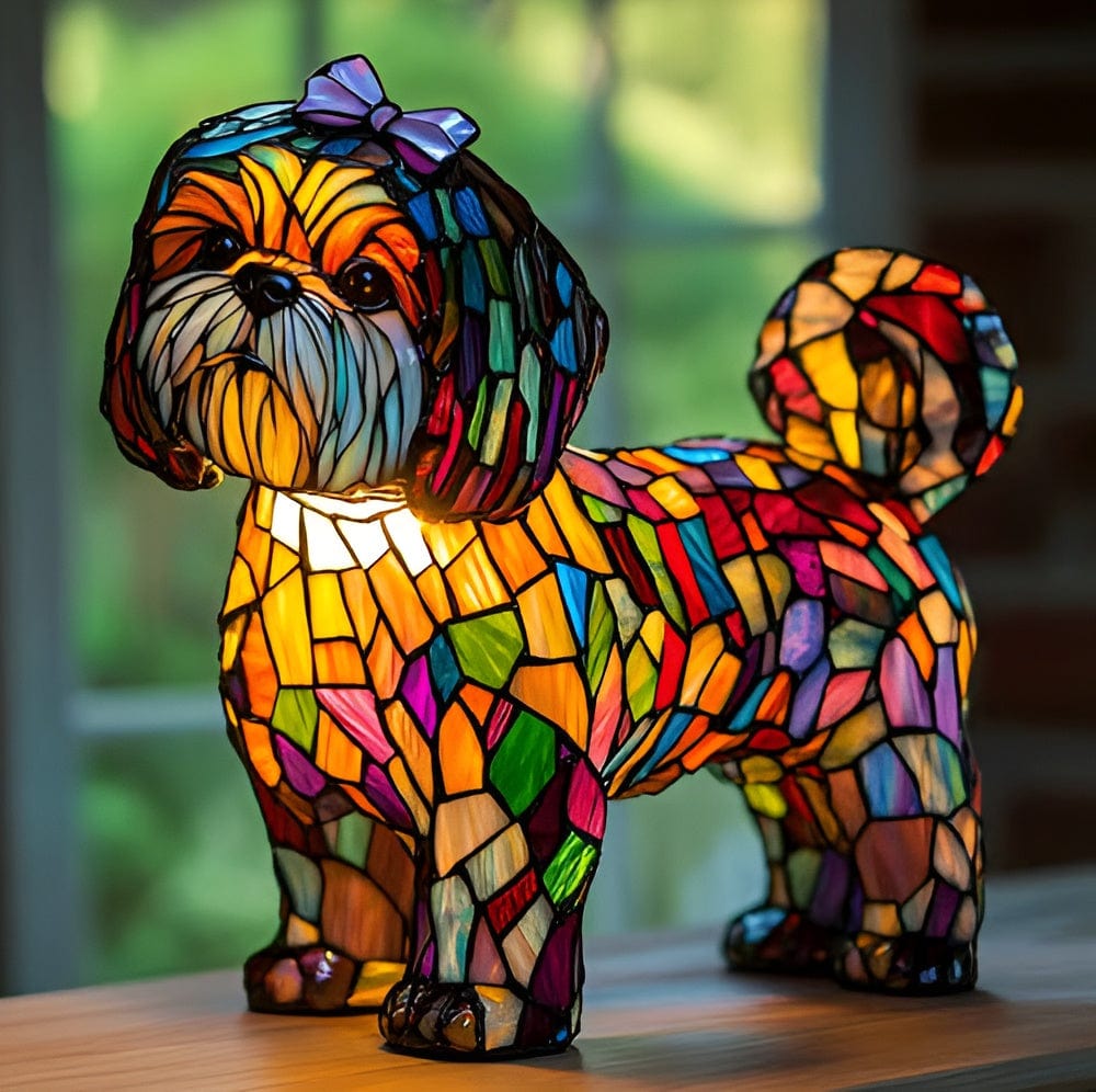 Shih Tzu glow lamp in multicoloured mosaic finish with bow, side view