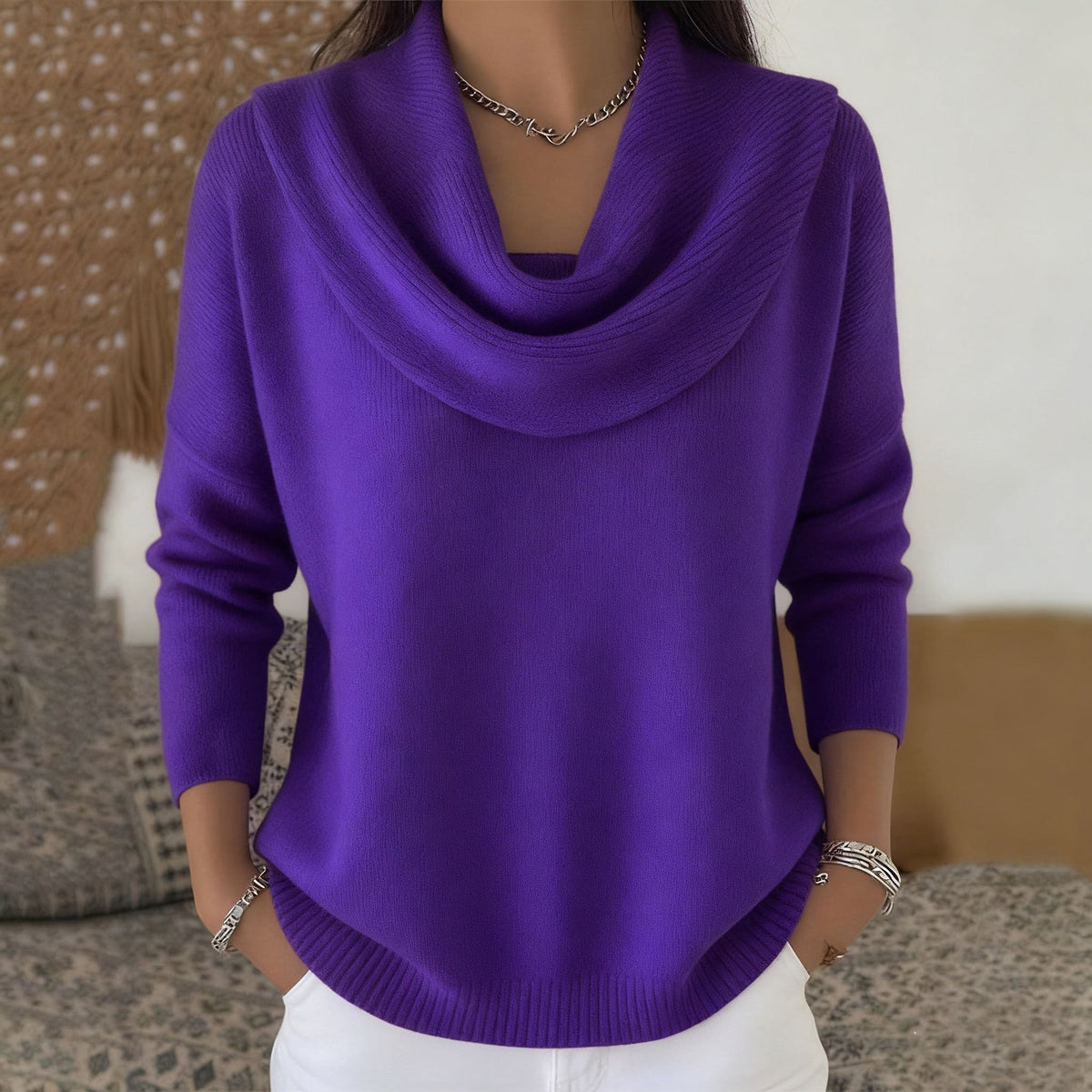 Julia draped-neck jumper in purple, front view