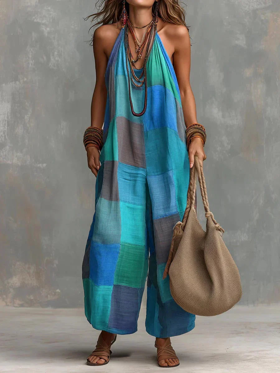 Oriana bohemian patchwork jumpsuit in blue, full-length front view