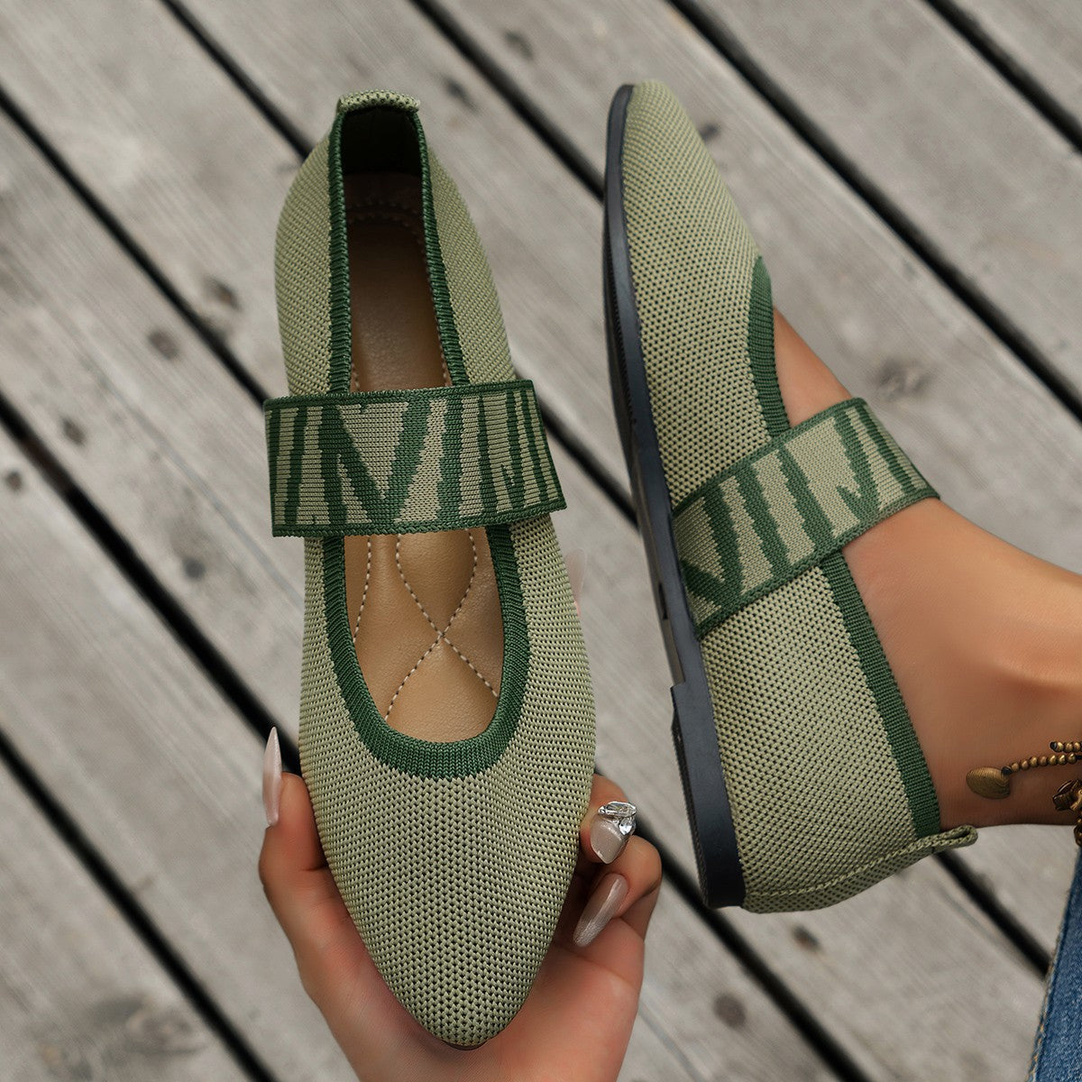 Ilyana patterned ballet flats in green, close-up of patterned strap