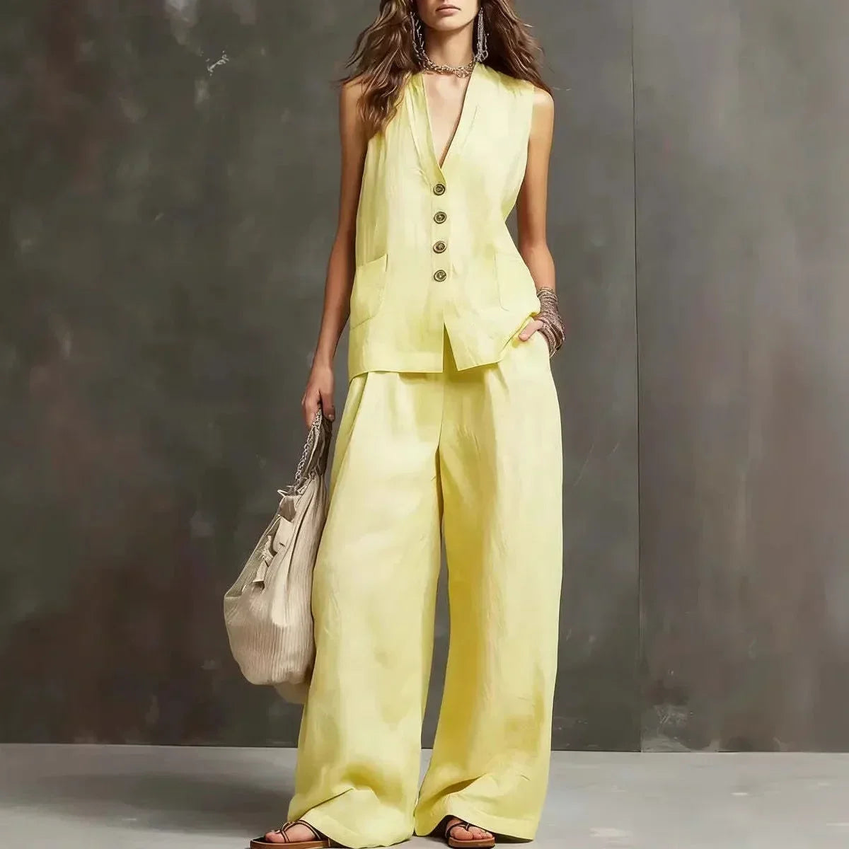 Irina two-piece vest and wide-leg trouser set in yellow, full-length front view
