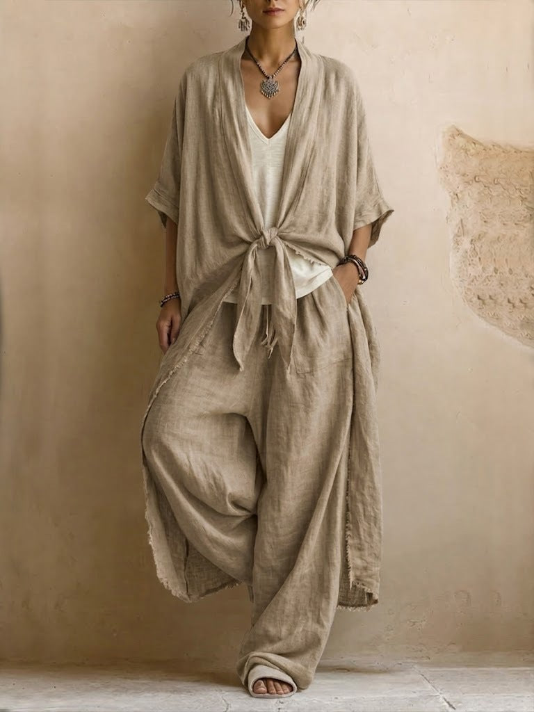 Apricot kimono set with tie-front detail and draped wide-leg trousers