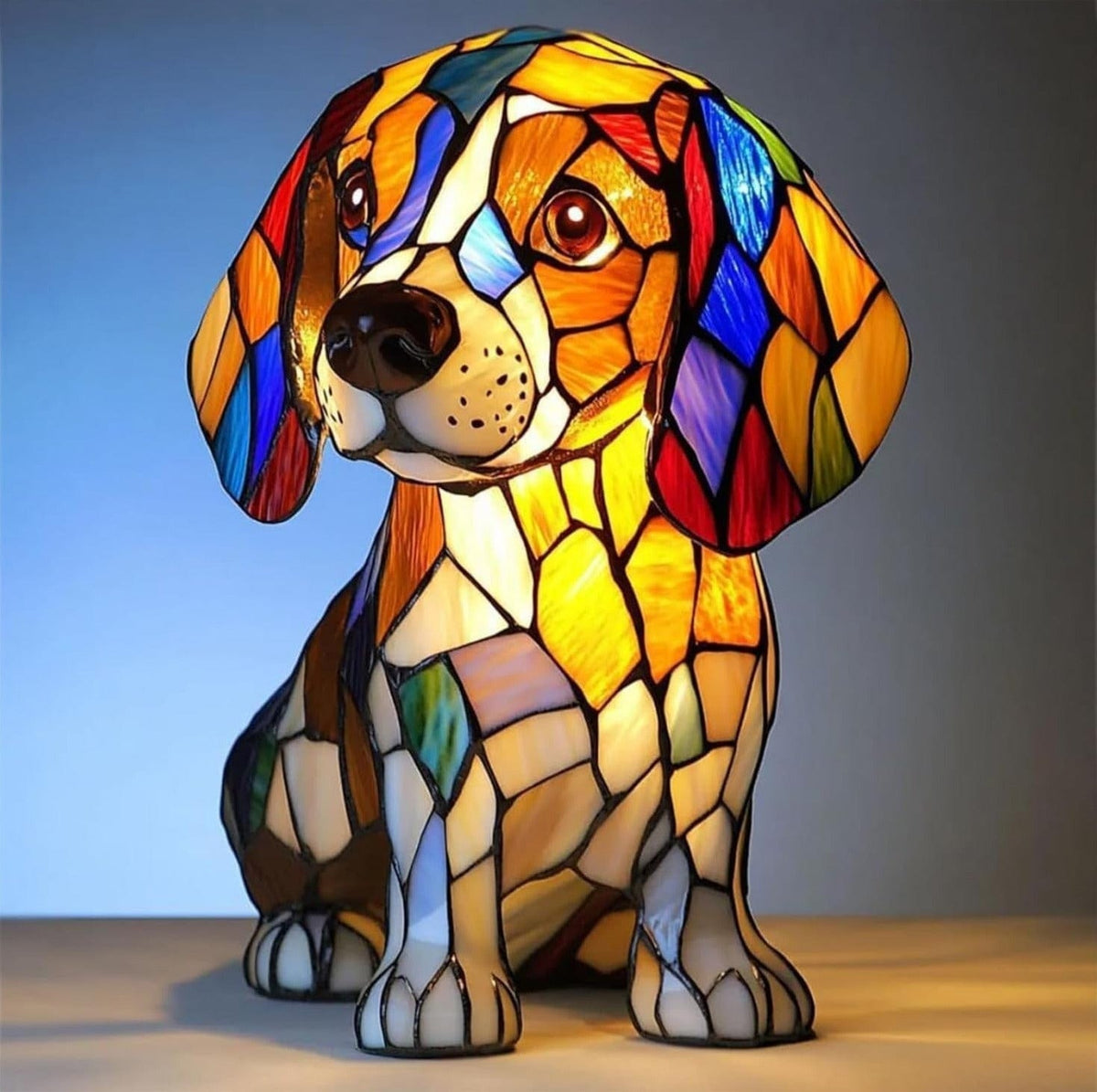 Bailey beagle glow lamp in multicoloured stained-glass style resin, front view