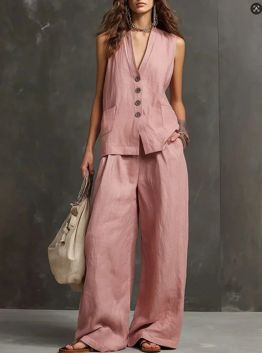 Irina two-piece vest and wide-leg trouser set in pink, full-length front view