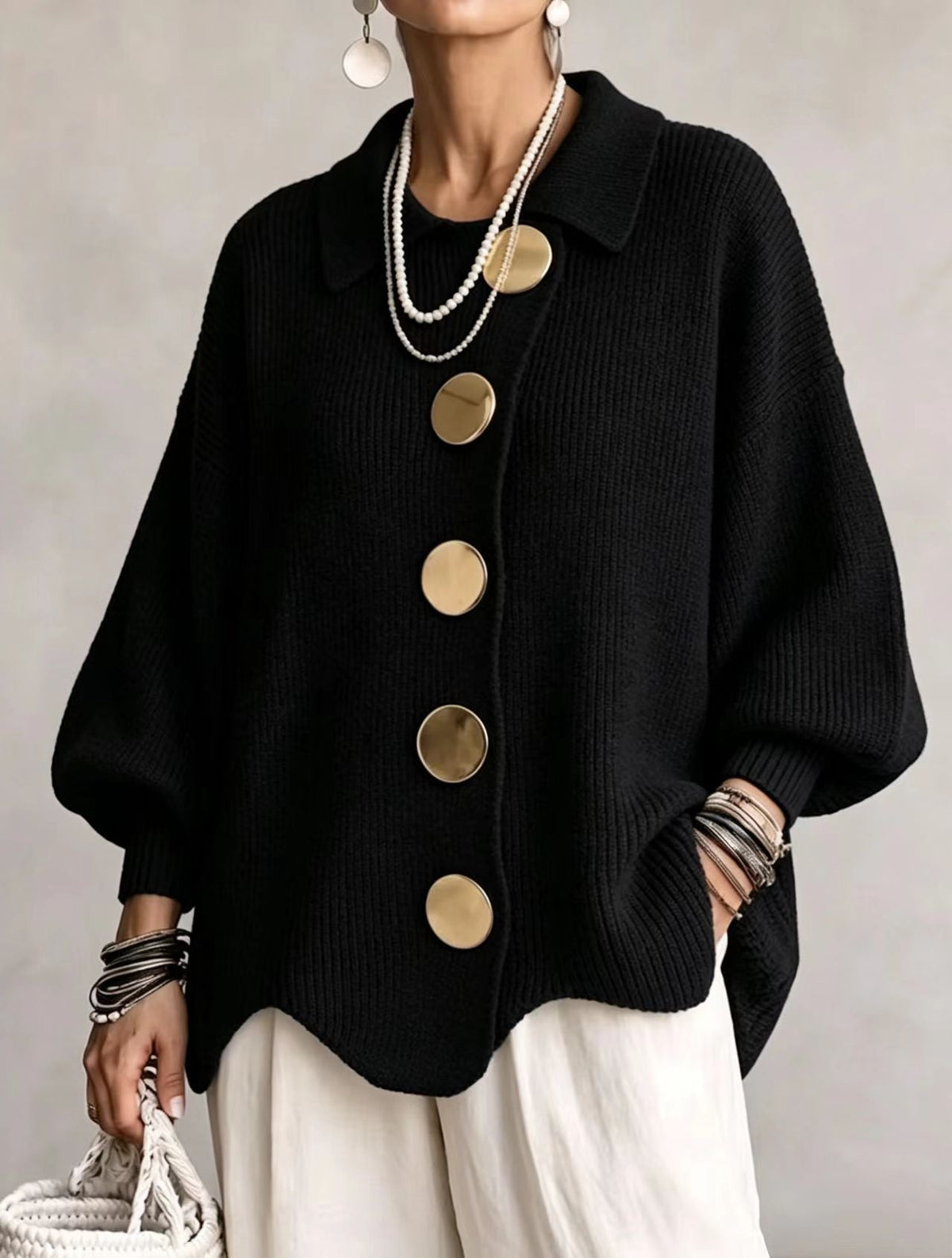 Victoire oversized collared cardigan in black, front view