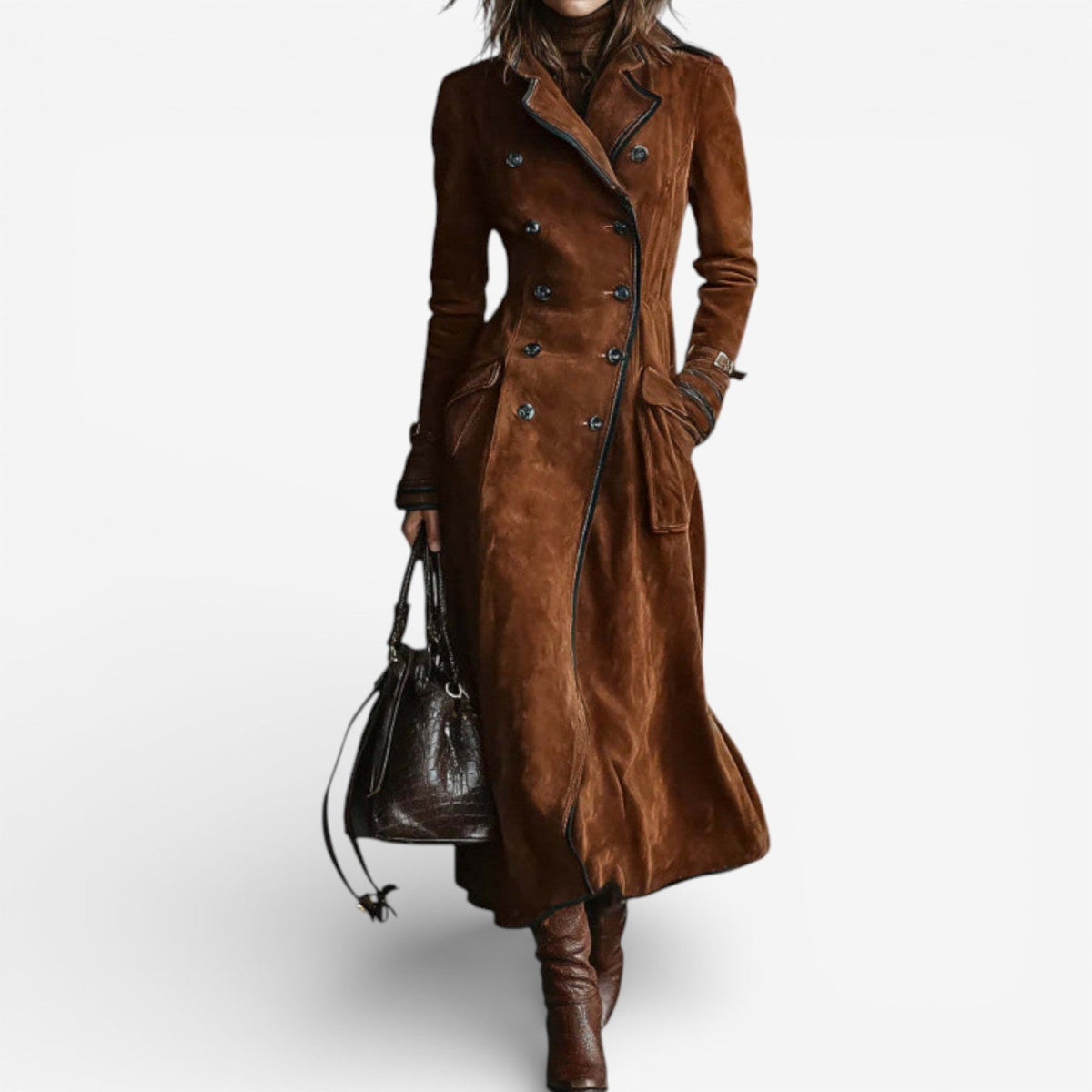 Nathaly long trench coat in brown, double-breasted front view