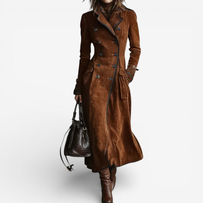 Nathaly long trench coat in brown, double-breasted front view