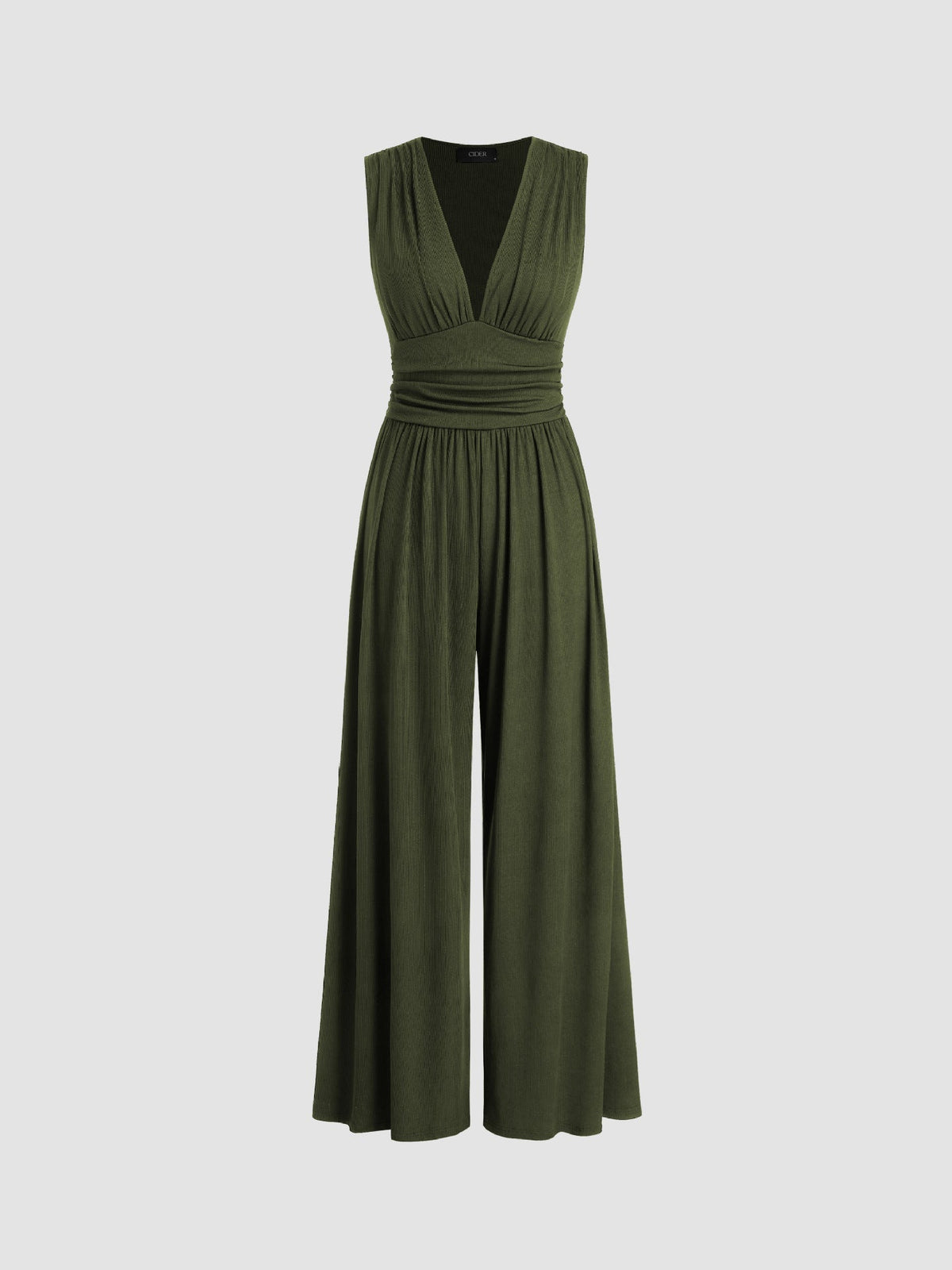 Charity sleeveless wide-leg jumpsuit in army green, full-length front view