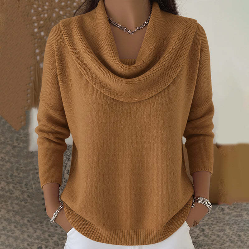 Julia draped-neck jumper in brown, front view