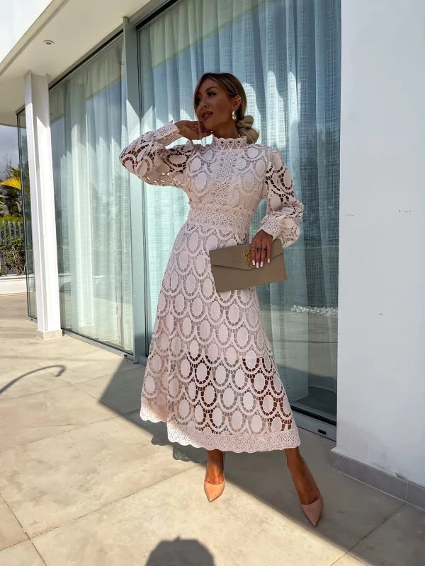 Liza romantic lace dress in pink, full-length side view