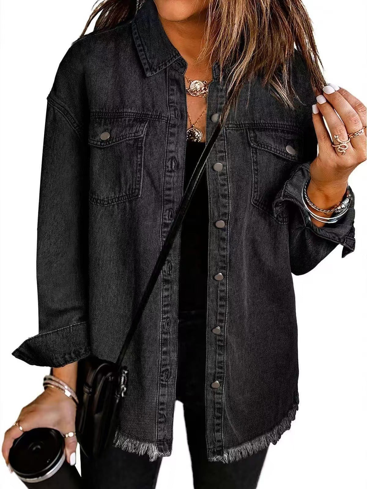Elithia denim jacket in black, front view worn open over black top
