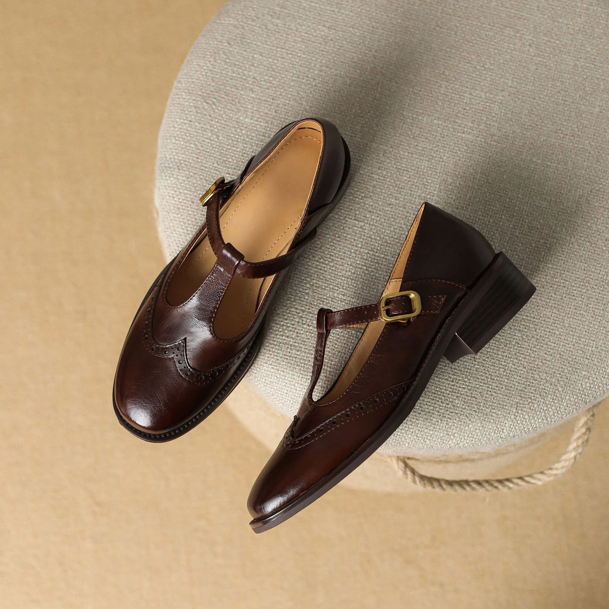 Ysolenne T-bar Mary Janes in brown, pair shown from above