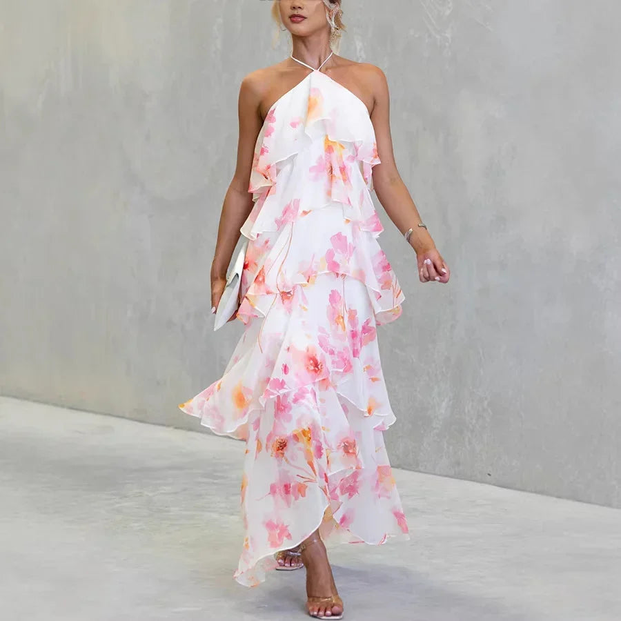 Estrella tiered floral dress in white and pink, front view with halter neckline