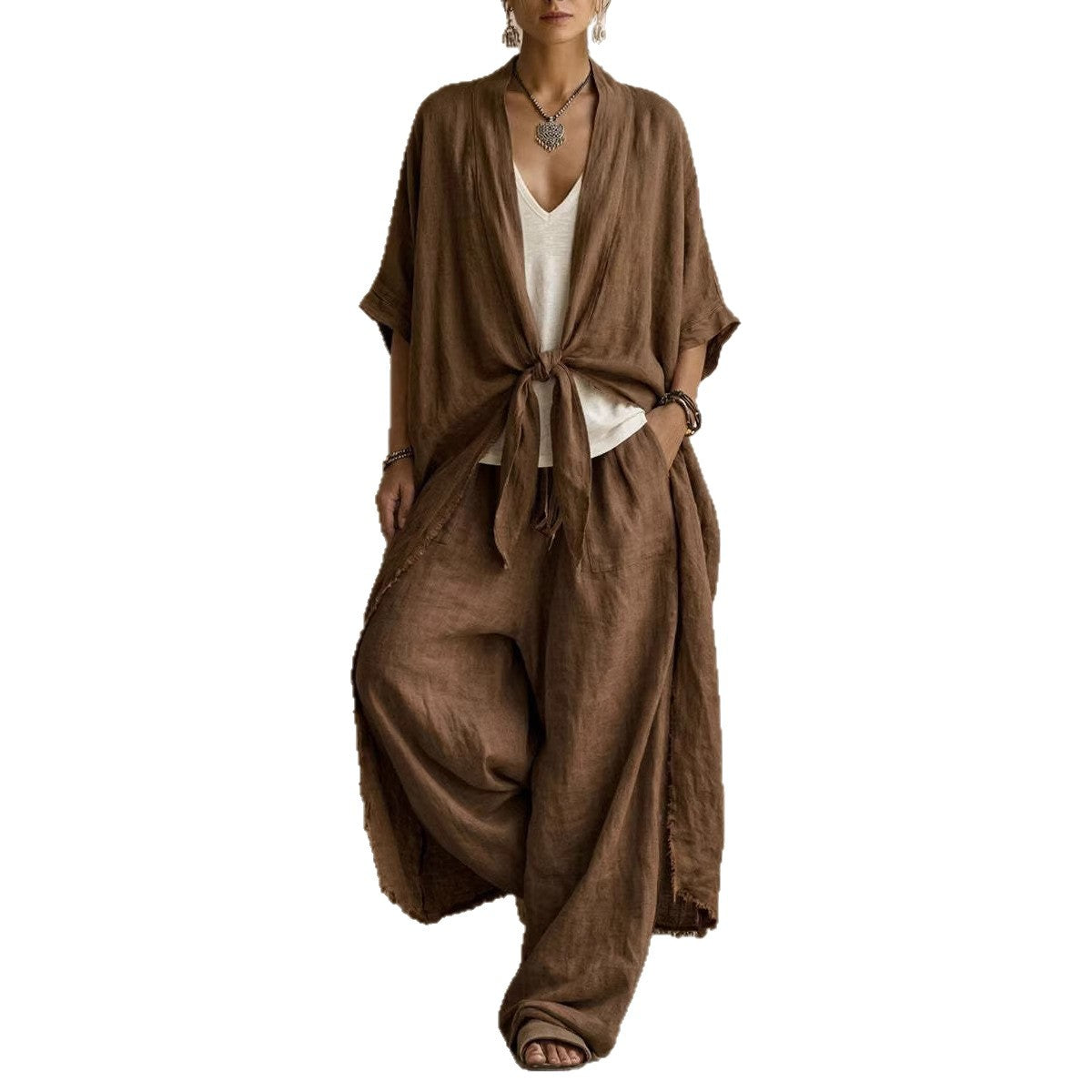 Brown linen-blend kimono and wide-leg trousers shown on plain background