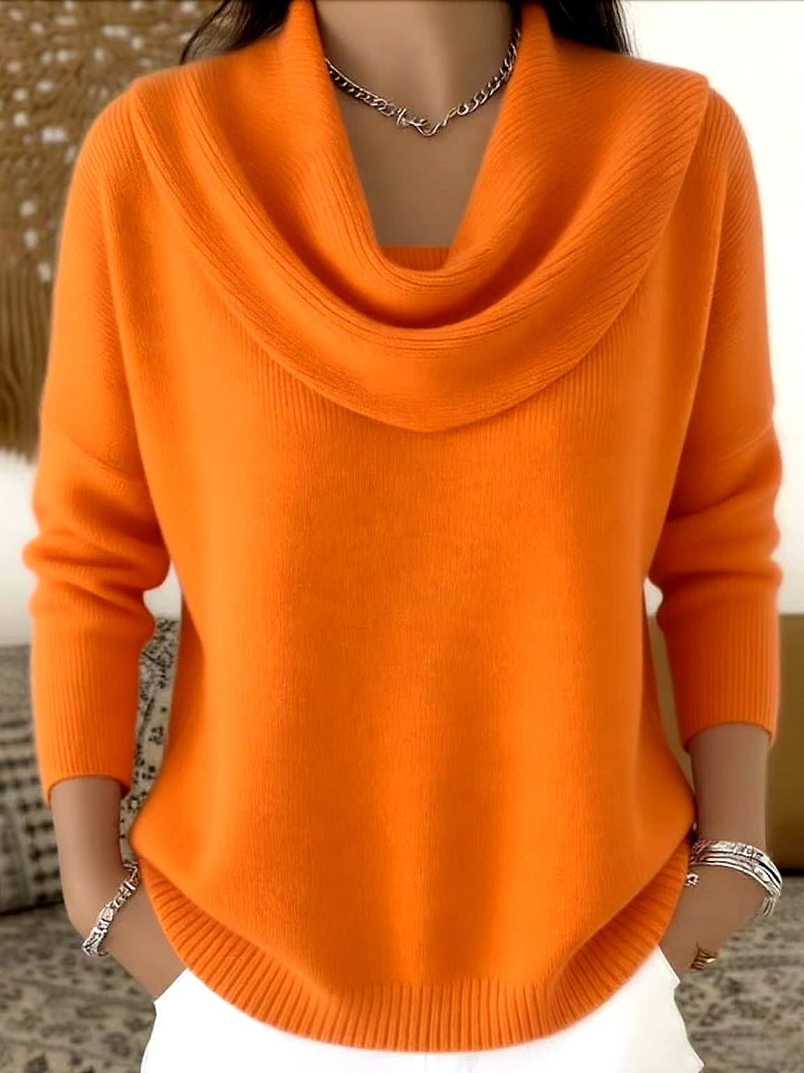Julia draped-neck jumper in orange, front view