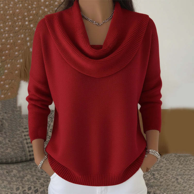 Julia draped-neck jumper in red, front view with cowl neckline