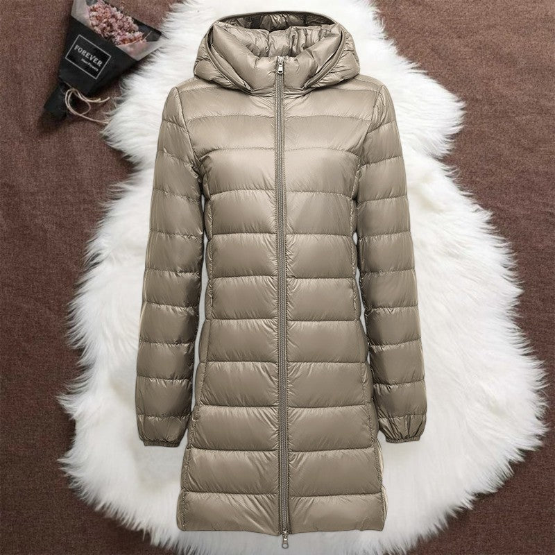 Helsa padded jacket in champagne laid flat, hood and zip detail