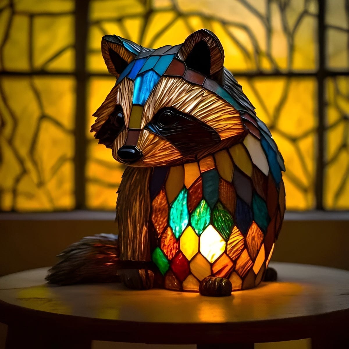 Rusty raccoon glow lamp in stained-glass style, lit on a wooden table
