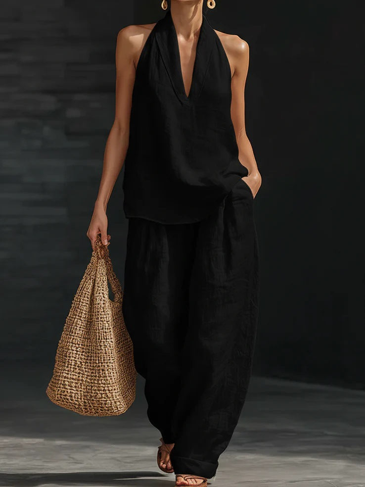 Noreen halter wide-leg set in black, full-length front view