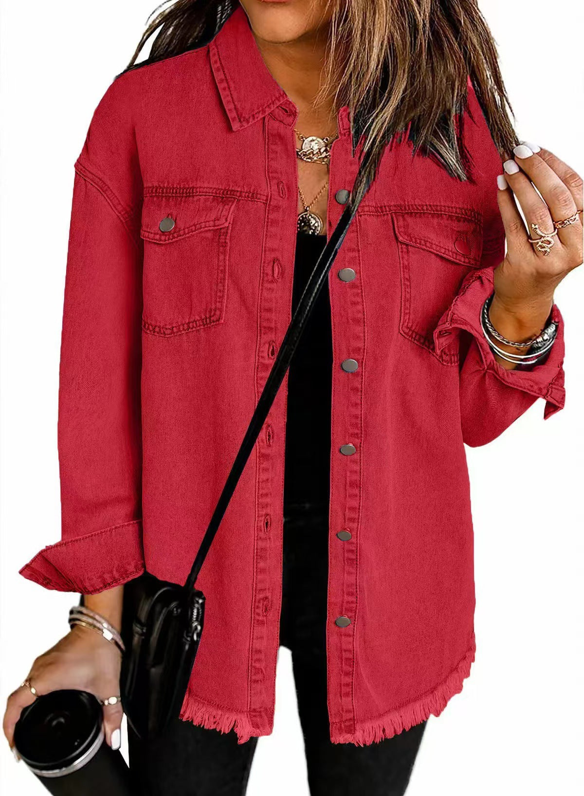 Elithia denim jacket in red, front view with frayed hem
