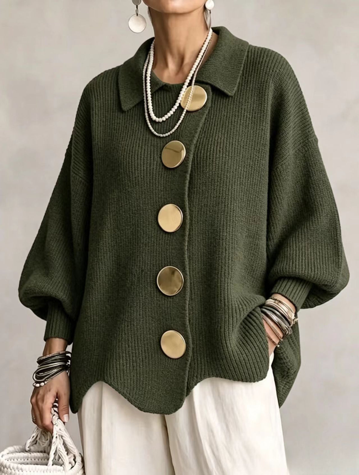 Victoire oversized collared cardigan in olive green, front view
