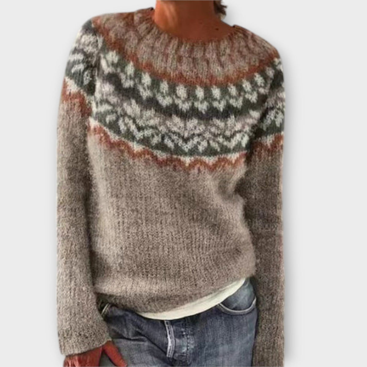 Noelyzah patterned knit sweater in brown, front view worn with jeans