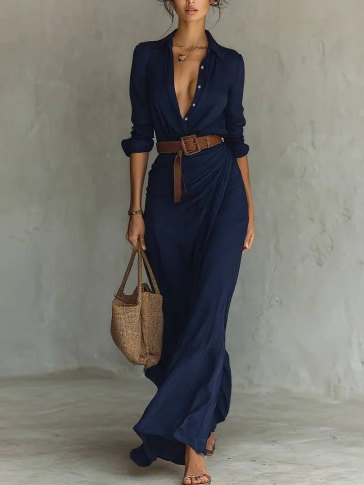Una lapel-wrap maxi dress in navy blue, full-length front view