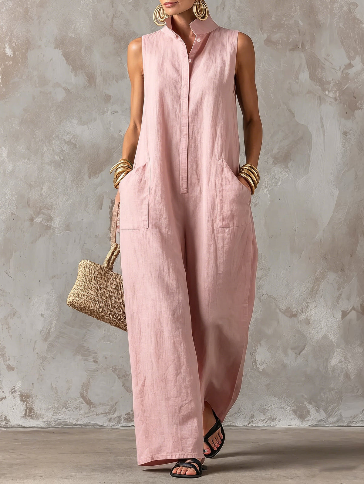 Jerline sleeveless wide-leg jumpsuit in light pink, front view