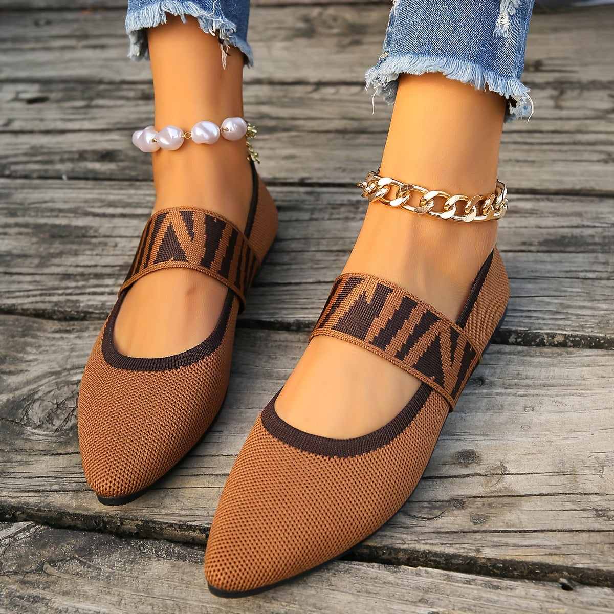 Ilyana patterned ballet flats in brown, worn front view with jeans