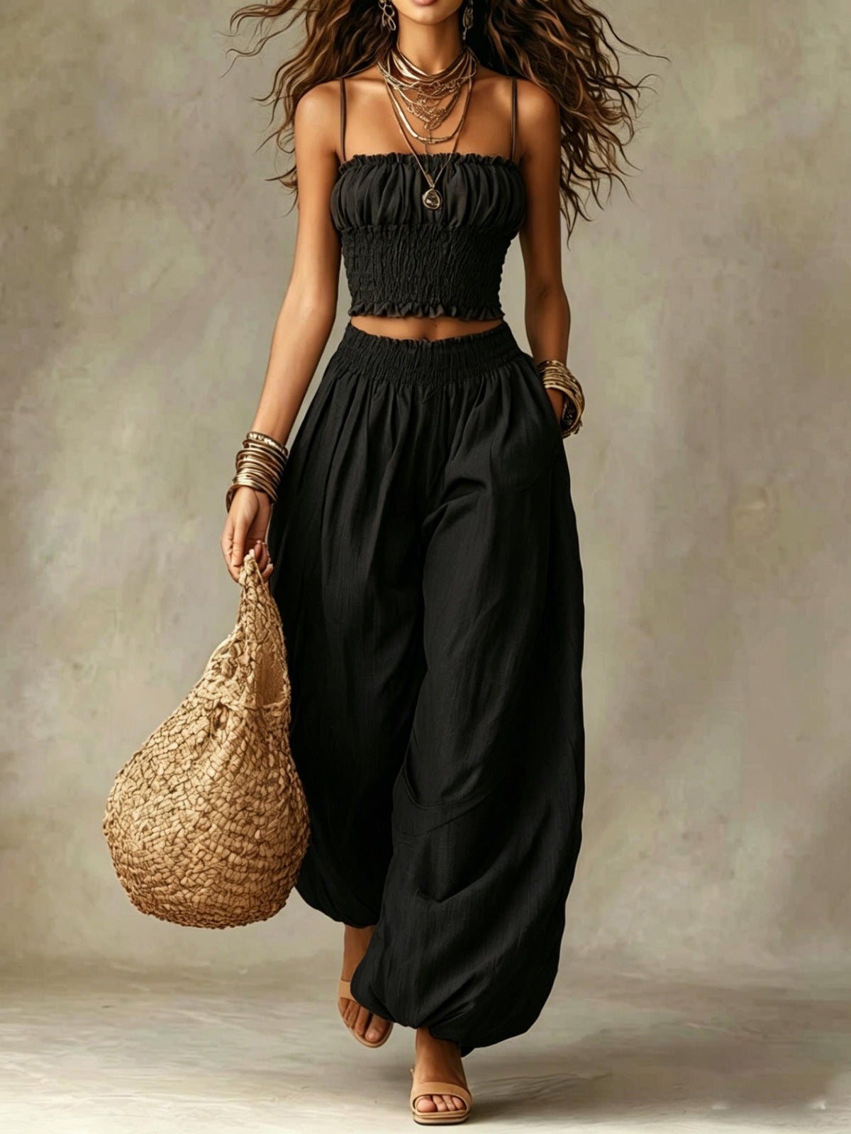 Marcia ruffled harem co-ord set in black, front view with smocked waistband