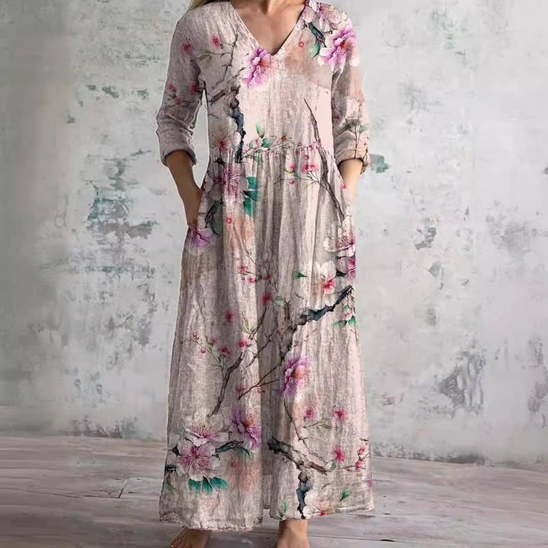 Caroline floral maxi dress in pink blossom print, full-length front view