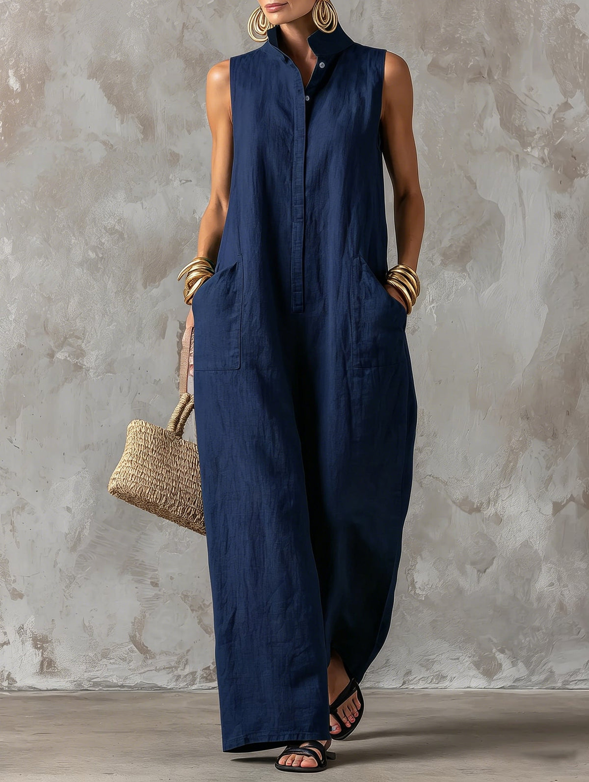 Jerline sleeveless wide-leg jumpsuit in navy blue, front view