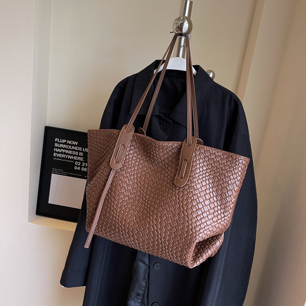 Arden woven tote bag in brown, hanging front view